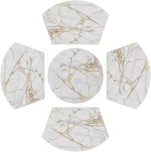 White Gold Marble PVC Placemats Set of 5 with Round Centerpiece Mat, Large Size Wedge-Shaped Mat, Washable and Heat Resistant