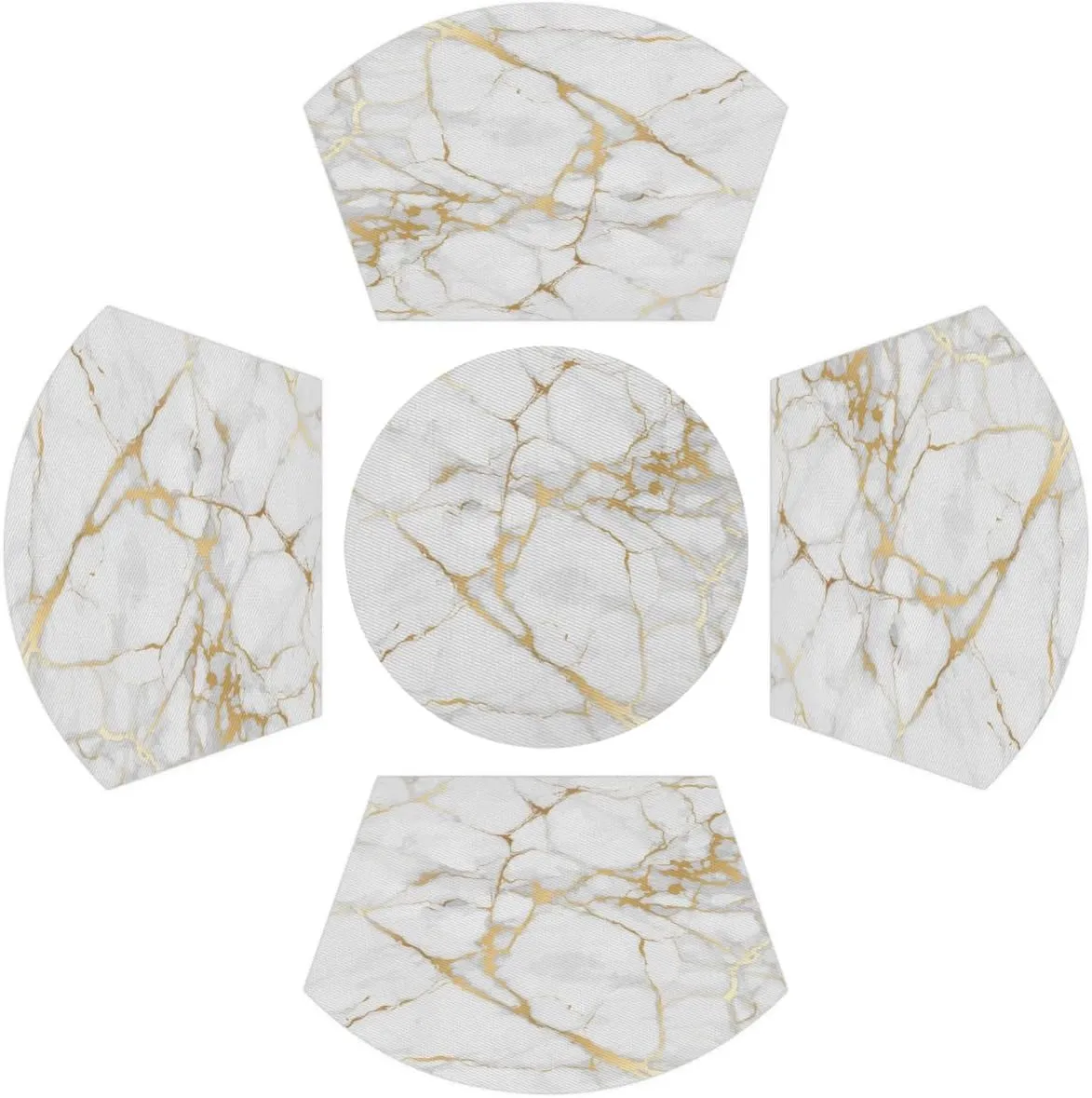 White Gold Marble PVC Placemats Set of 5 with Round Centerpiece Mat, Large Size Wedge-Shaped Mat, Washable and Heat Resistant