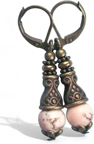White Howlite Drops And Handmade White Bali Style Bronze Jewelry Earrings Artisan Handmade Hippie Leverback Vintage Design Crafted For Women Fashion Accessories