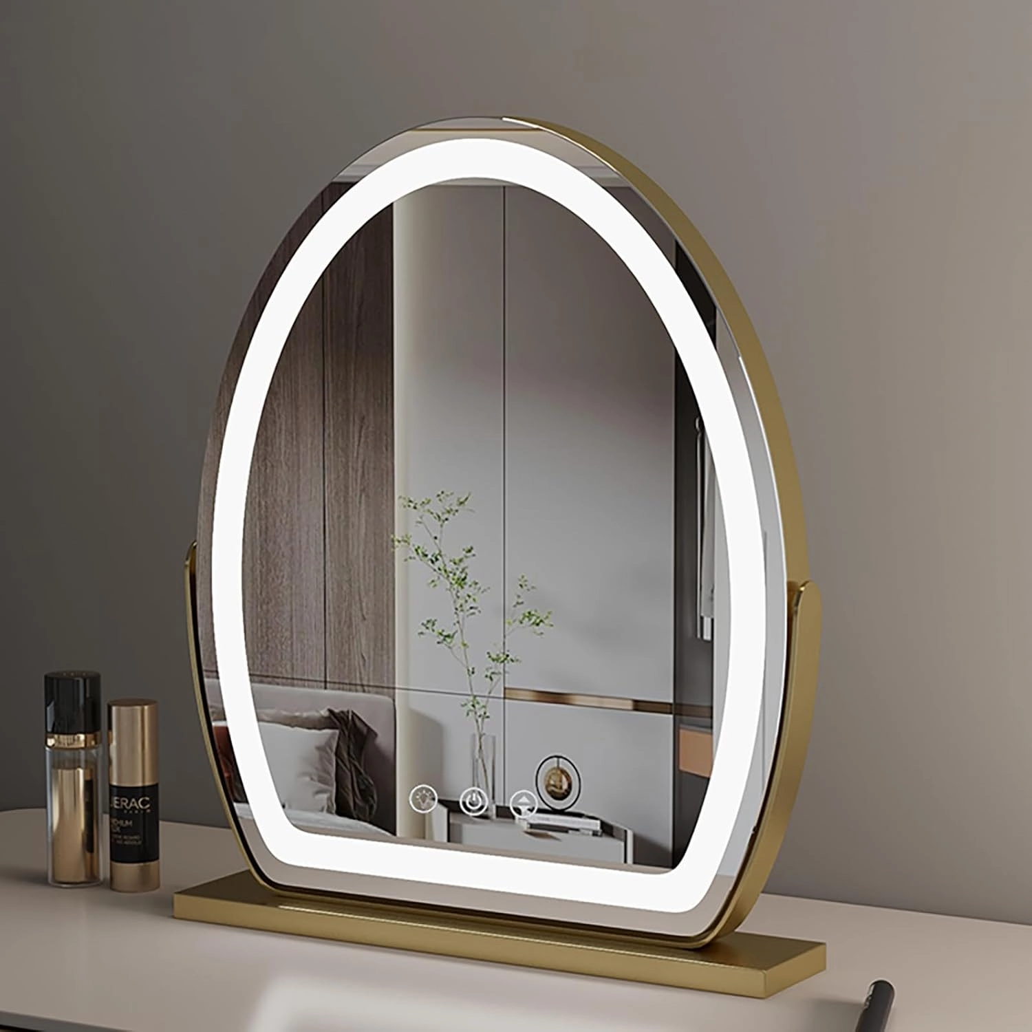 White 30X40cm Vanity Mirror with Lights Rotatable Touch Screen Oval Makeup Mirror