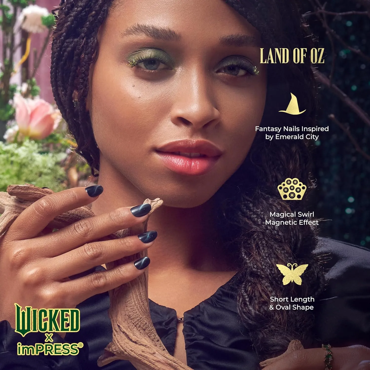 WICKED X imPRESS Design Press On Nails, The EASIEST NO GLUE Mani, Super Hold Adhesive, ‘Land of OZ’, Green, Short Oval, Includes 30 Fake Nails, 1 Prep Pad, 1 Manicure Stick, 1 Mini File