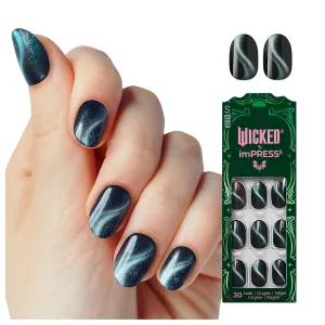 WICKED X imPRESS Design Press On Nails, The EASIEST NO GLUE Mani, Super Hold Adhesive, ‘Land of OZ’, Green, Short Oval, Includes 30 Fake Nails, 1 Prep Pad, 1 Manicure Stick, 1 Mini File