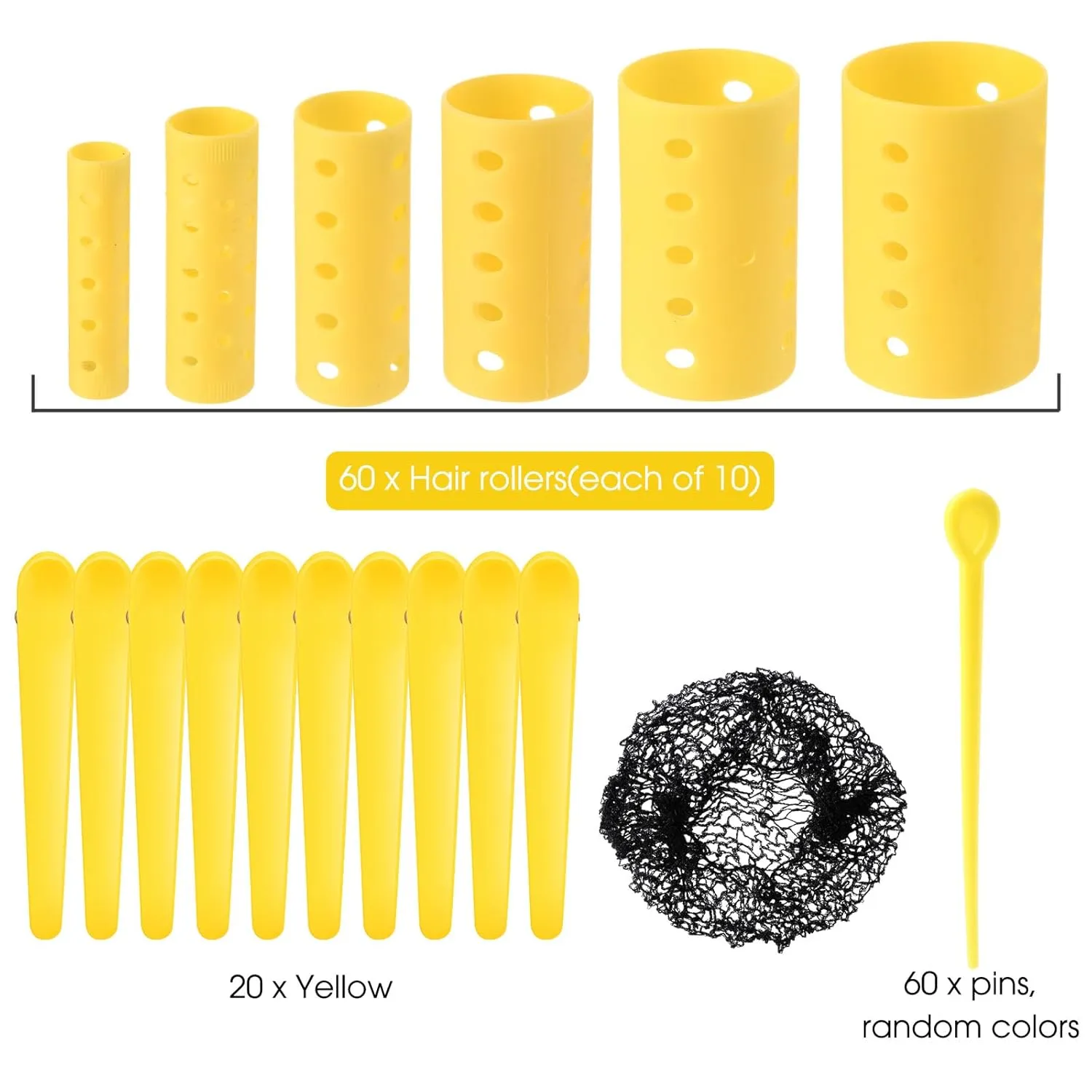 WILLBOND 141 Pieces Hair Rollers Set Include 60 Plastic Hair Rollers(Yellow,6 Sizes)