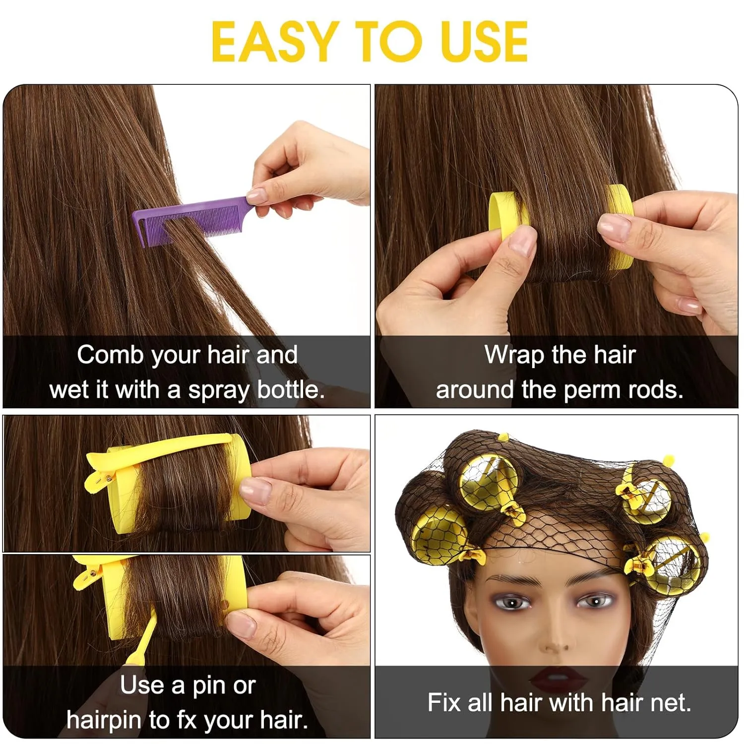 WILLBOND 141 Pieces Hair Rollers Set Include 60 Plastic Hair Rollers(Yellow,6 Sizes)