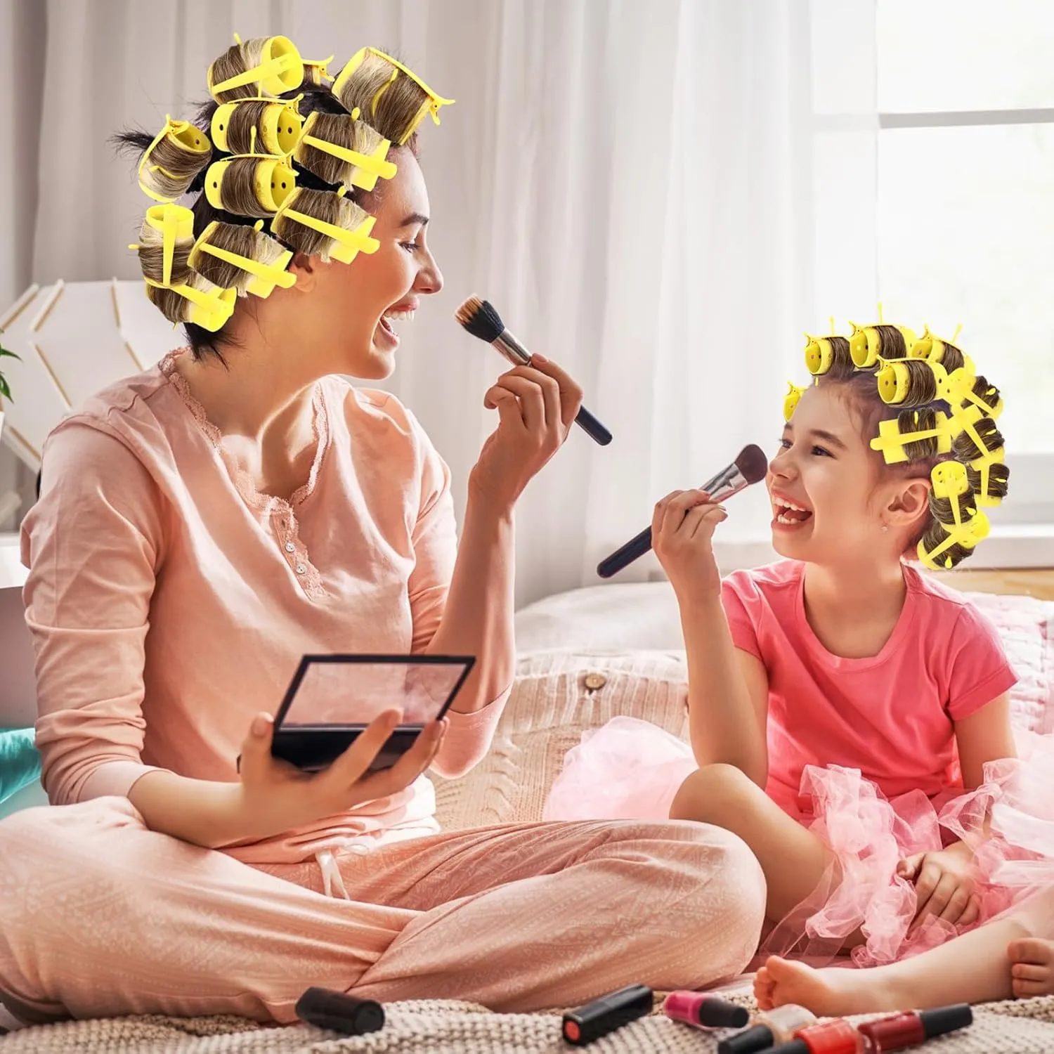 WILLBOND 141 Pieces Hair Rollers Set Include 60 Plastic Hair Rollers(Yellow,6 Sizes)