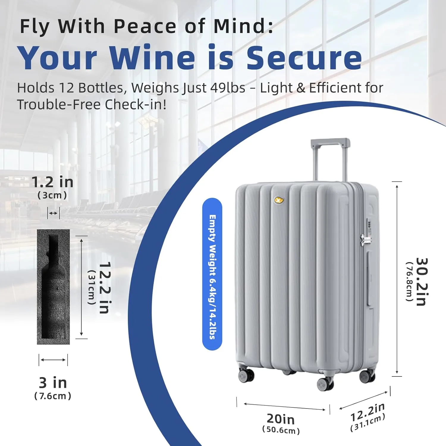 Wine Suitcase for Airplanes, 12 Bottle Capacity, Durable Wine Shipping Box, Wine Travel Case with TSA Lock, Versatile Wine Carrier with Removable Inserts and Silent Spinner Wheels(Sleek Silver)