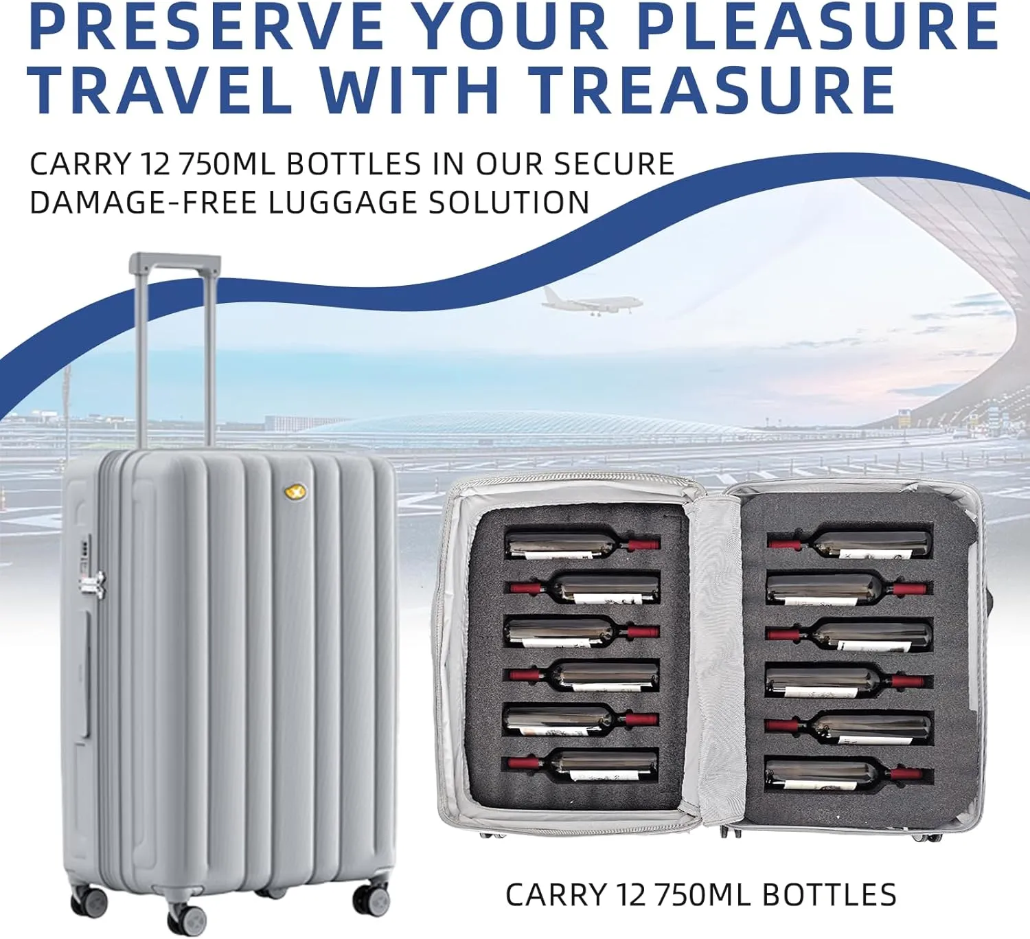 Wine Suitcase for Airplanes, 12 Bottle Capacity, Durable Wine Shipping Box, Wine Travel Case with TSA Lock, Versatile Wine Carrier with Removable Inserts and Silent Spinner Wheels(Sleek Silver)