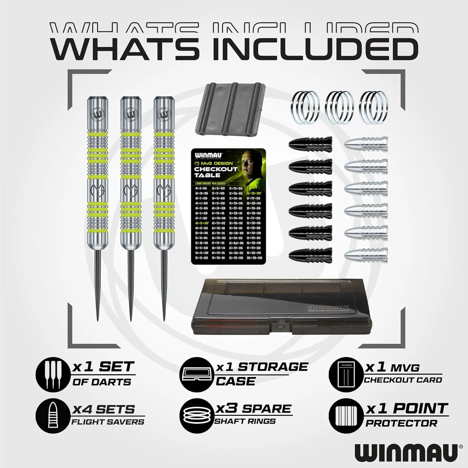 WINMAU Michael Van Gerwen MvG Gift Sets - 50 Piece Darts Set with 4 Sets of Shafts, 4 Sets of Flights Plus Accessories
