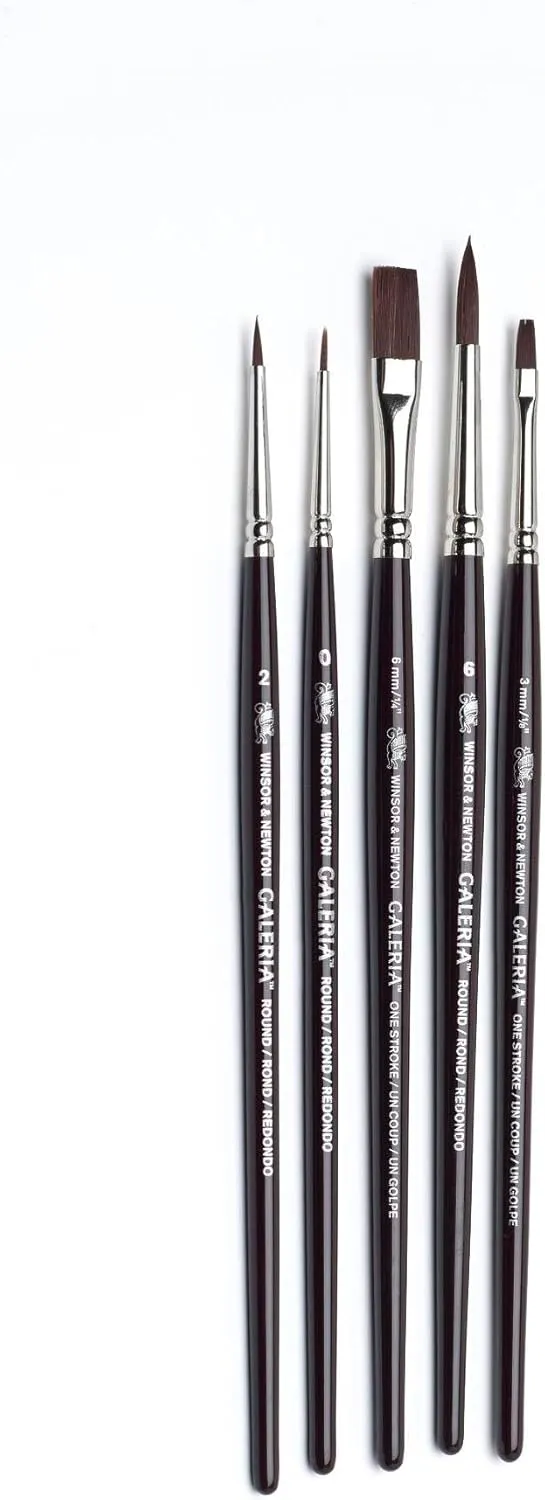 Winsor & Newton Galeria Short Handle Brush (5 Pack) (Round 0, 2, & 6, One Stroke 1/8" & 1/4")