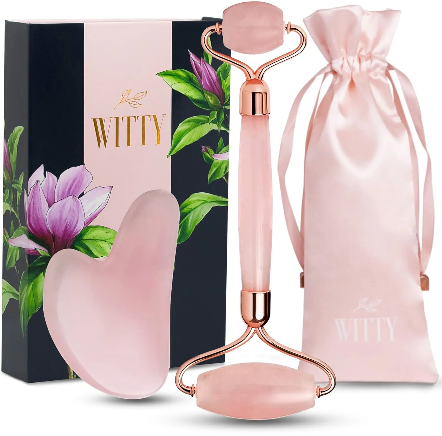 WITTY Rose Quartz Roller for Face, Gua Sha Stone Set in Hand-Drawn Giftbox - Jade Face Roller, Face Massager Roller, Face Scraper Tool - Guasha Tool for Face Roller Skin Care, Eyes, Neck - Extra Pouch