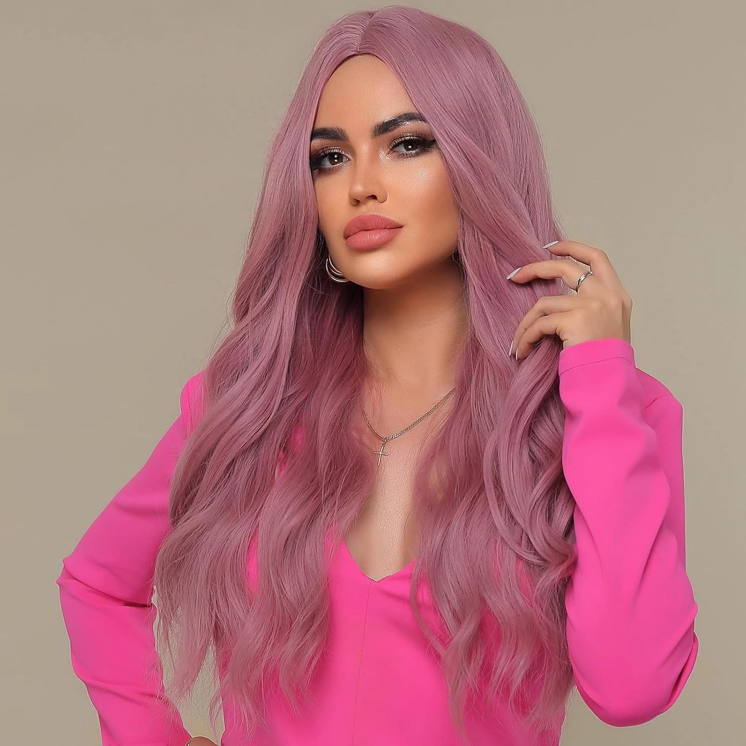 WL-07 Long Wavy Wig for Women 26 Inch Middle Part Curly Wavy Wig Natural Looking Synthetic Heat Resistant Fiber Wig for Daily Party Cosplay Halloween Use (Ash Pink)