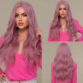 WL-07 Long Wavy Wig for Women 26 Inch Middle Part Curly Wavy Wig Natural Looking Synthetic Heat Resistant Fiber Wig for Daily Party Cosplay Halloween Use (Ash Pink)