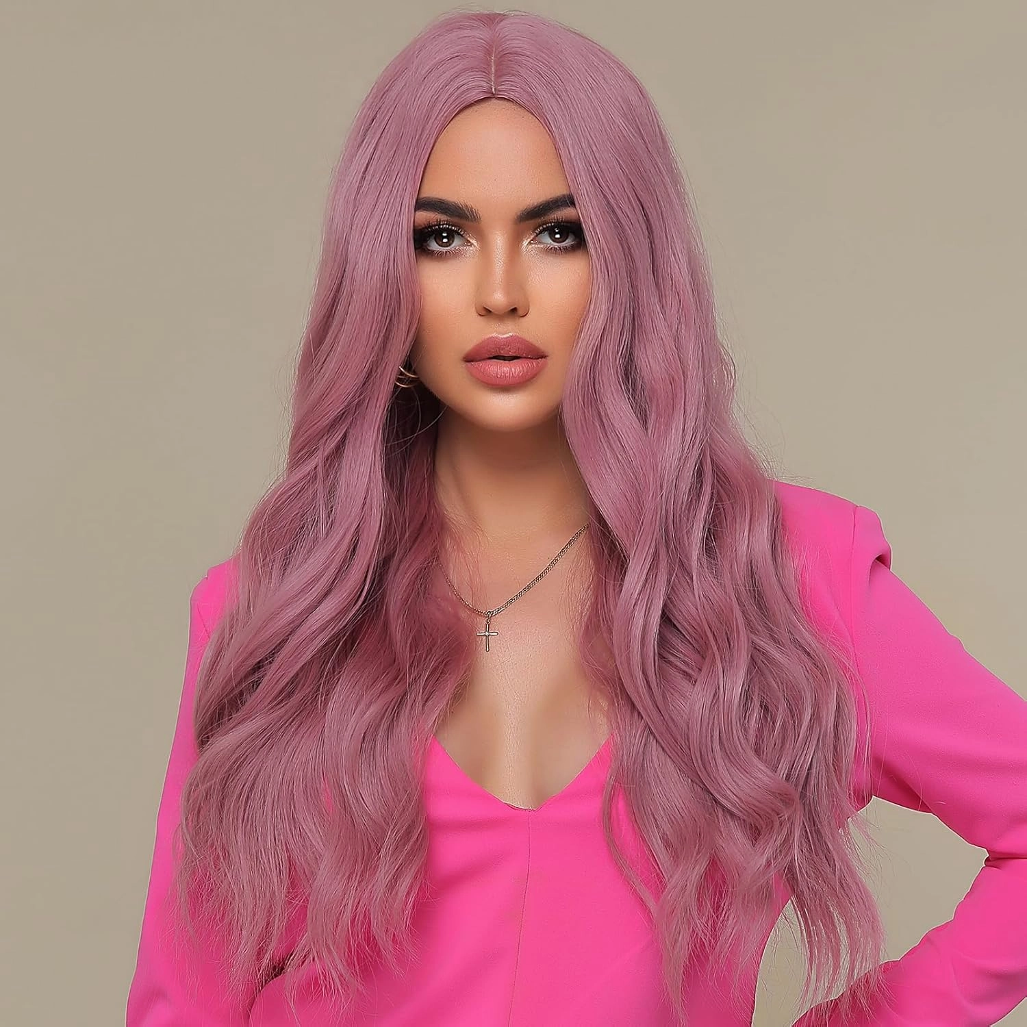 WL-07 Long Wavy Wig for Women 26 Inch Middle Part Curly Wavy Wig Natural Looking Synthetic Heat Resistant Fiber Wig for Daily Party Cosplay Halloween Use (Ash Pink)