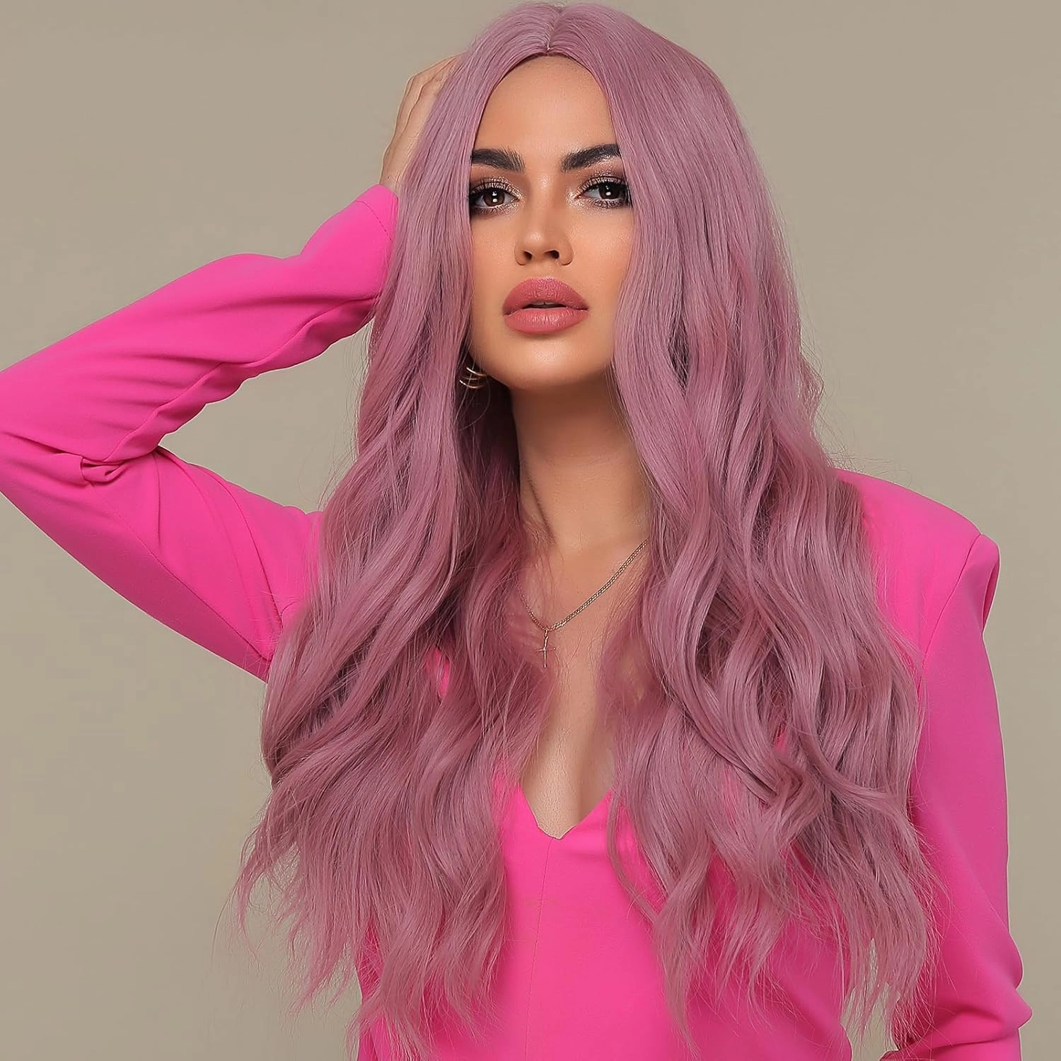 WL-07 Long Wavy Wig for Women 26 Inch Middle Part Curly Wavy Wig Natural Looking Synthetic Heat Resistant Fiber Wig for Daily Party Cosplay Halloween Use (Ash Pink)