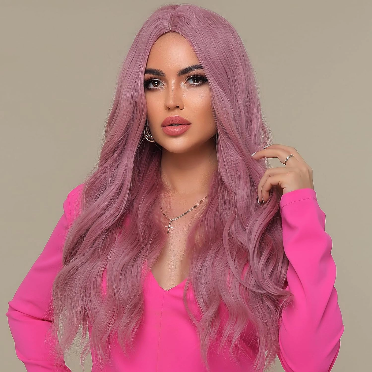 WL-07 Long Wavy Wig for Women 26 Inch Middle Part Curly Wavy Wig Natural Looking Synthetic Heat Resistant Fiber Wig for Daily Party Cosplay Halloween Use (Ash Pink)