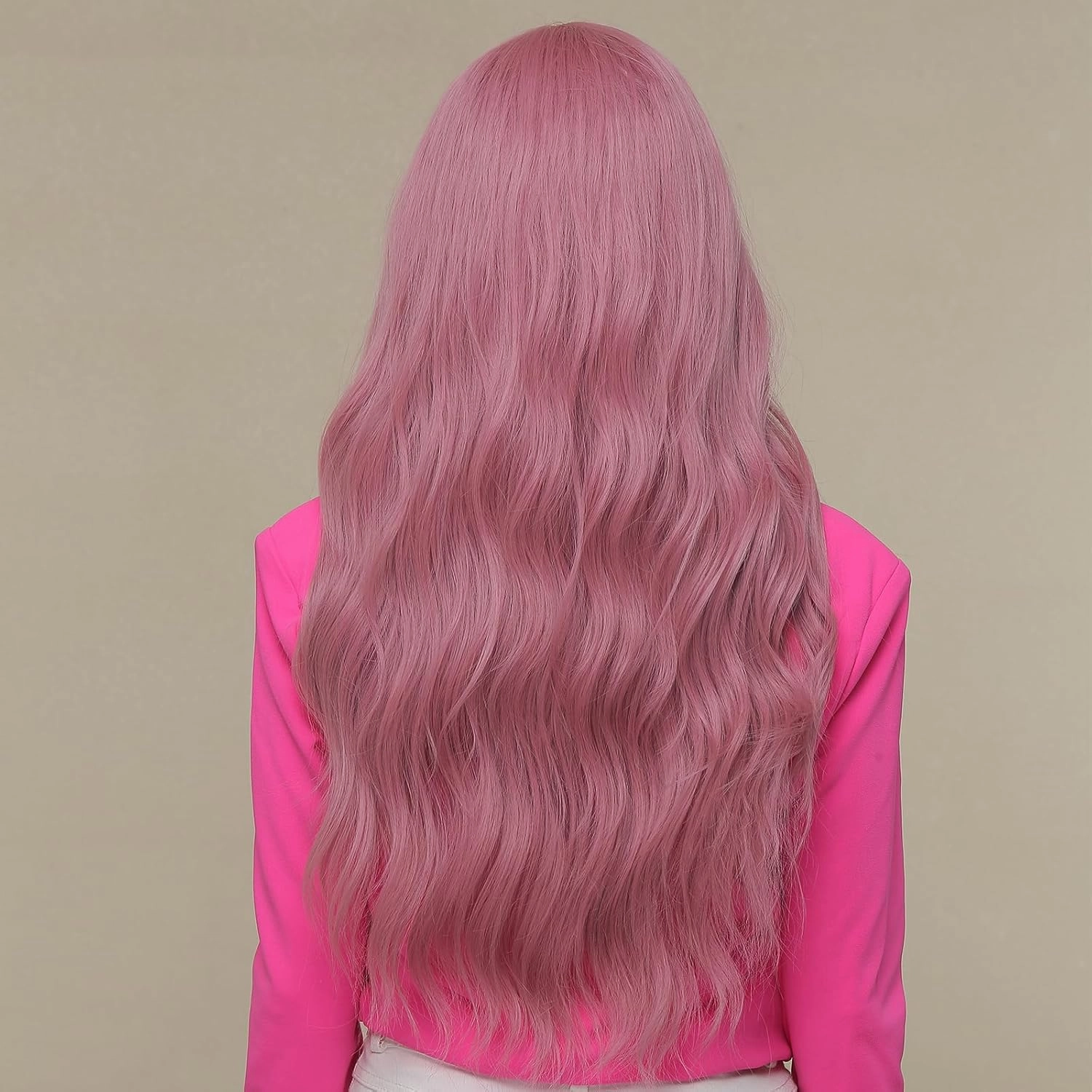 WL-07 Long Wavy Wig for Women 26 Inch Middle Part Curly Wavy Wig Natural Looking Synthetic Heat Resistant Fiber Wig for Daily Party Cosplay Halloween Use (Ash Pink)