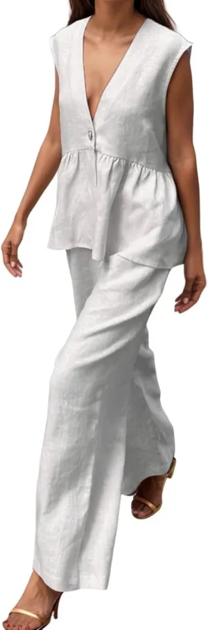 Women Linen Sets 2 Piece Outfits 2025 Dressy Matching Summer 2 Piece Loungewear Set Wide Leg Pants Tracksuits