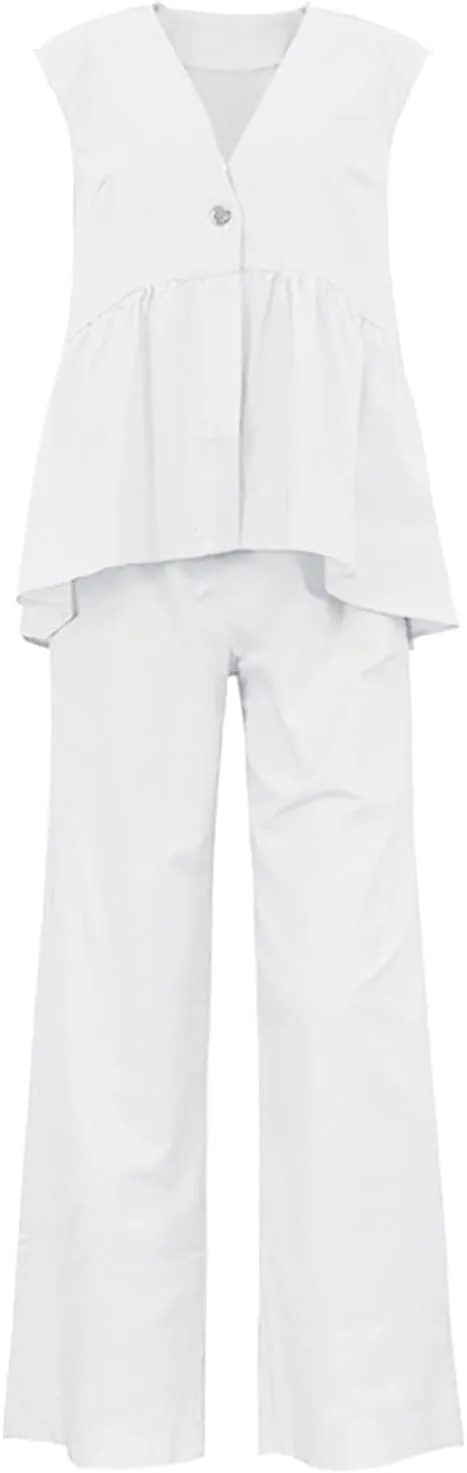 Women Linen Sets 2 Piece Outfits 2025 Dressy Matching Summer 2 Piece Loungewear Set Wide Leg Pants Tracksuits