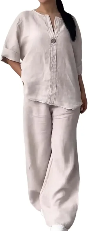 Women Linen Sets 2 Piece Outfits Cotton Linen 2 Piece Sets Comfy Loungewear Wide Leg Long Pants with Pockets