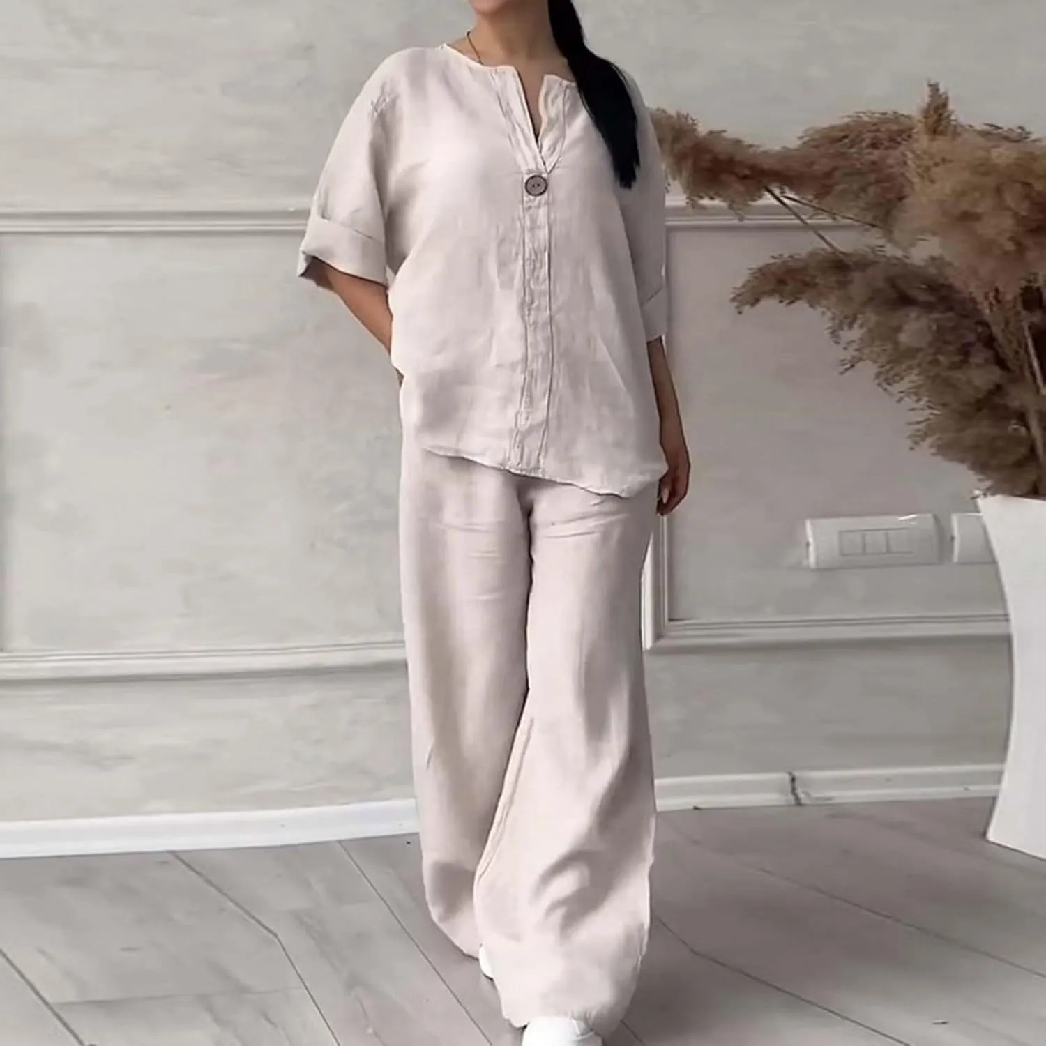 Women Linen Sets 2 Piece Outfits Cotton Linen 2 Piece Sets Comfy Loungewear Wide Leg Long Pants with Pockets