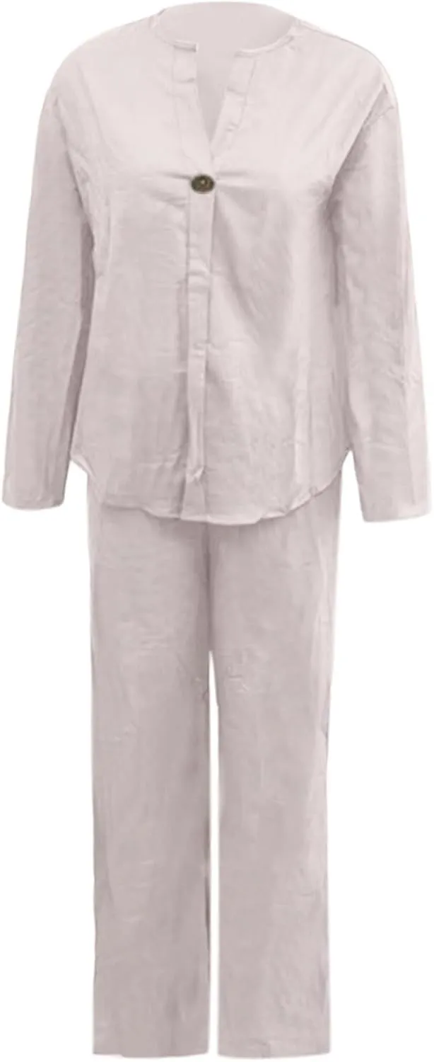 Women Linen Sets 2 Piece Outfits Cotton Linen 2 Piece Sets Comfy Loungewear Wide Leg Long Pants with Pockets