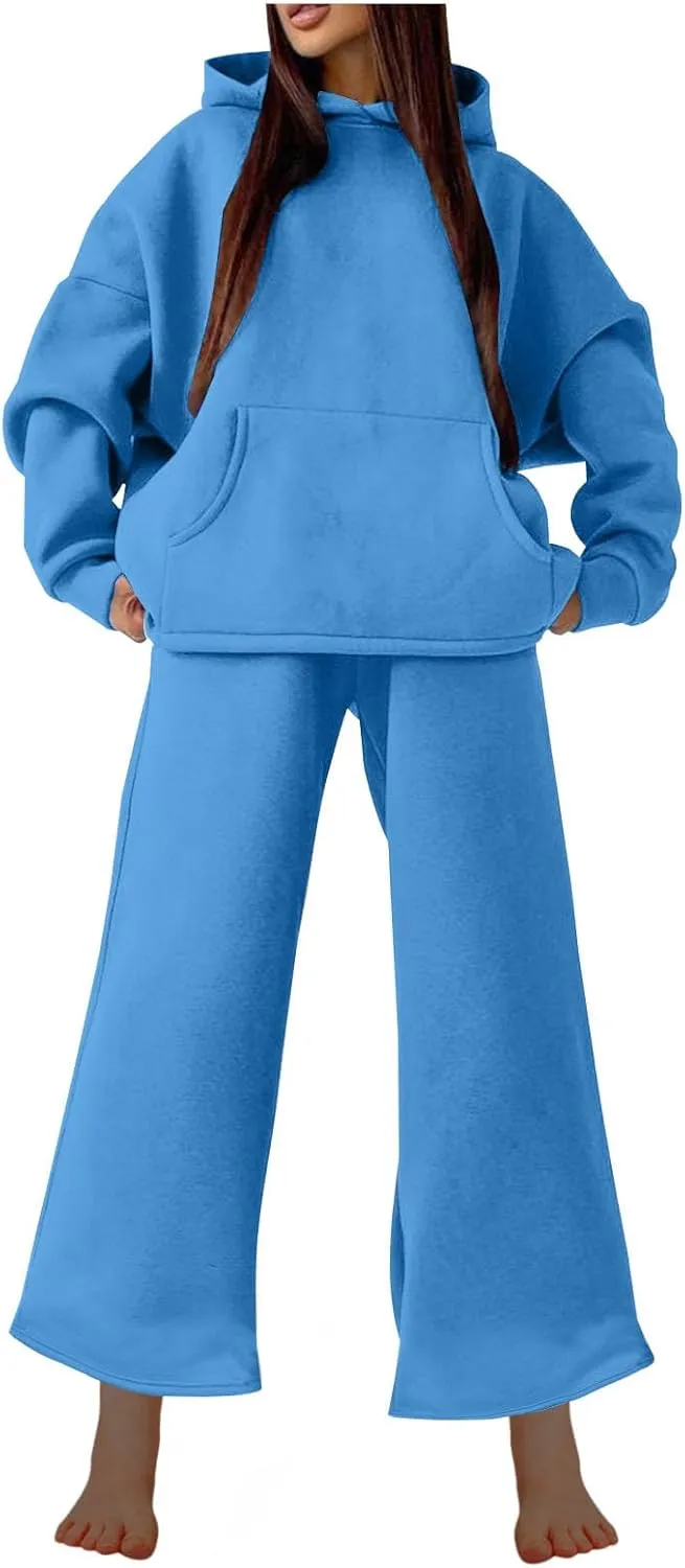 Women Oversized Sweatsuit Two Piece Outfits Plus Size Hooded Sweatshirt Wide Leg Pants Suit Casual Loungewear Sets