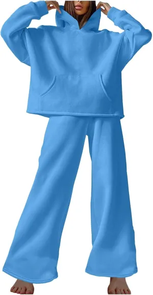 Women Oversized Sweatsuit Two Piece Outfits Plus Size Hooded Sweatshirt Wide Leg Pants Suit Casual Loungewear Sets