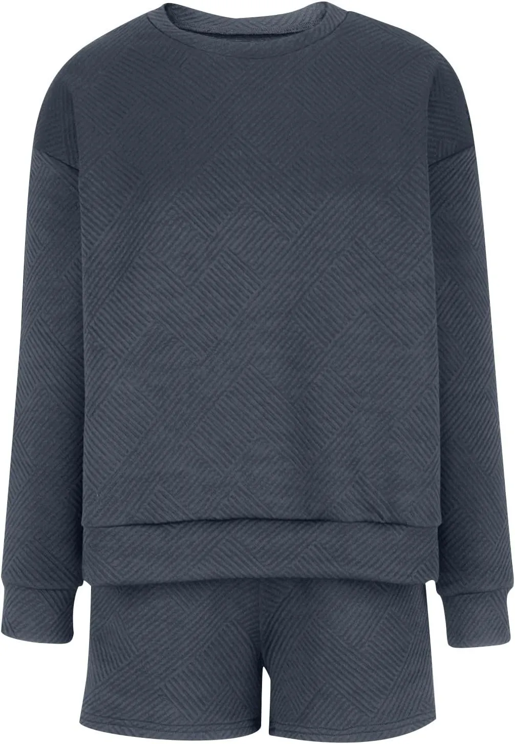 Women Two-Piece Comfy Set Sweatsuit Solid Textured Casual Loose Long Sleeve Sweatshirts Matching Short Sets