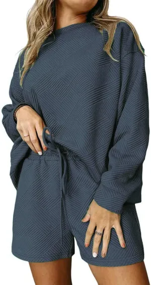 Women Two-Piece Comfy Set Sweatsuit Solid Textured Casual Loose Long Sleeve Sweatshirts Matching Short Sets
