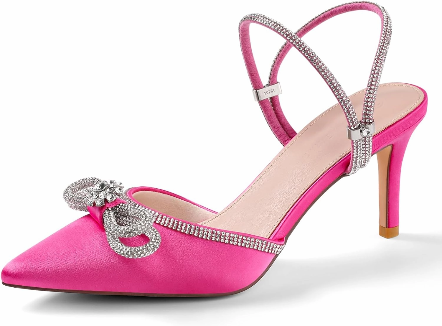 Women's Rhinestone Bow Heels Adjustable Strap Pointed Toe High Heels Pumps,Sparkly Satin Stilettos,Wedding Bridal Dress Heeled Sandals.