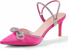 Women's Rhinestone Bow Heels Adjustable Strap Pointed Toe High Heels Pumps,Sparkly Satin Stilettos,Wedding Bridal Dress Heeled Sandals.