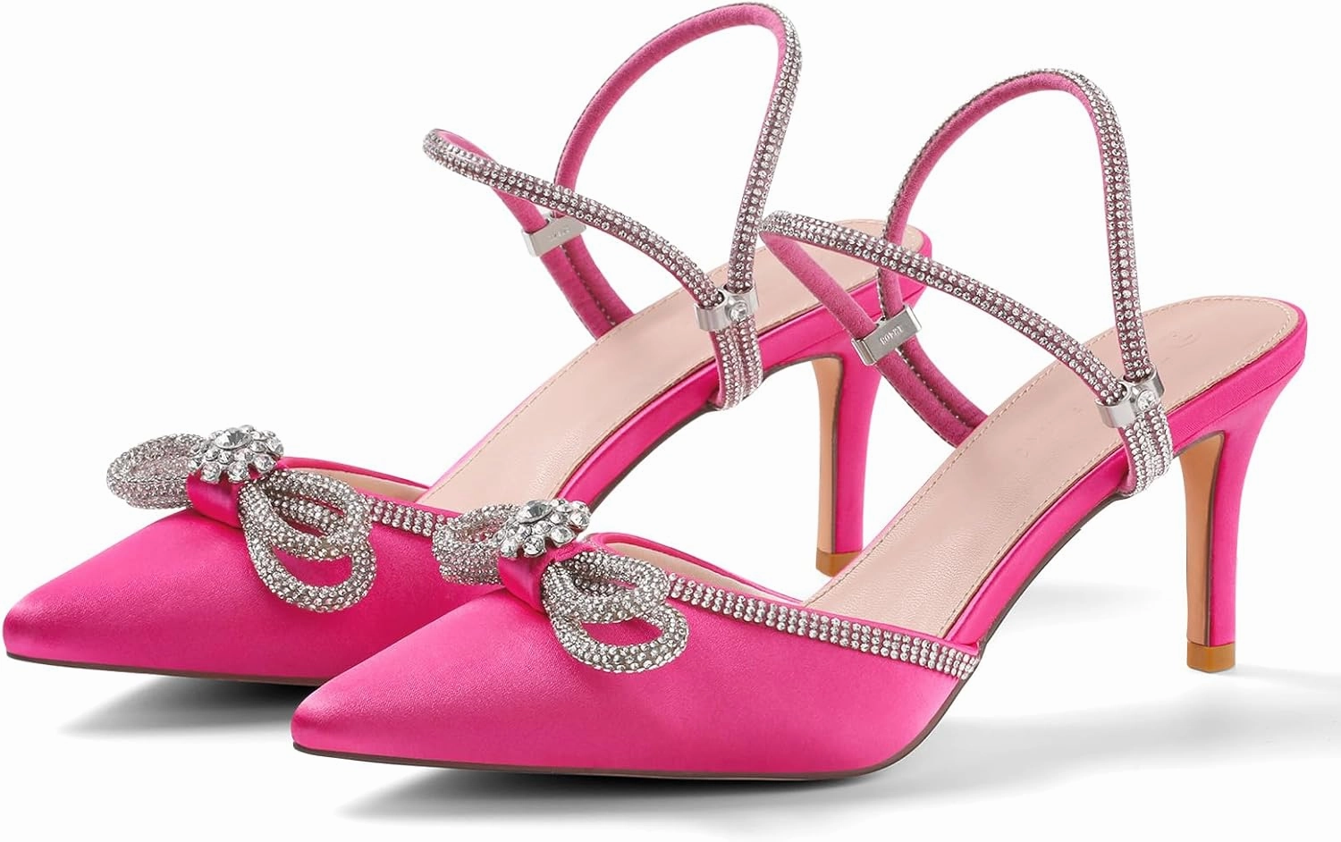 Women's Rhinestone Bow Heels Adjustable Strap Pointed Toe High Heels Pumps,Sparkly Satin Stilettos,Wedding Bridal Dress Heeled Sandals.