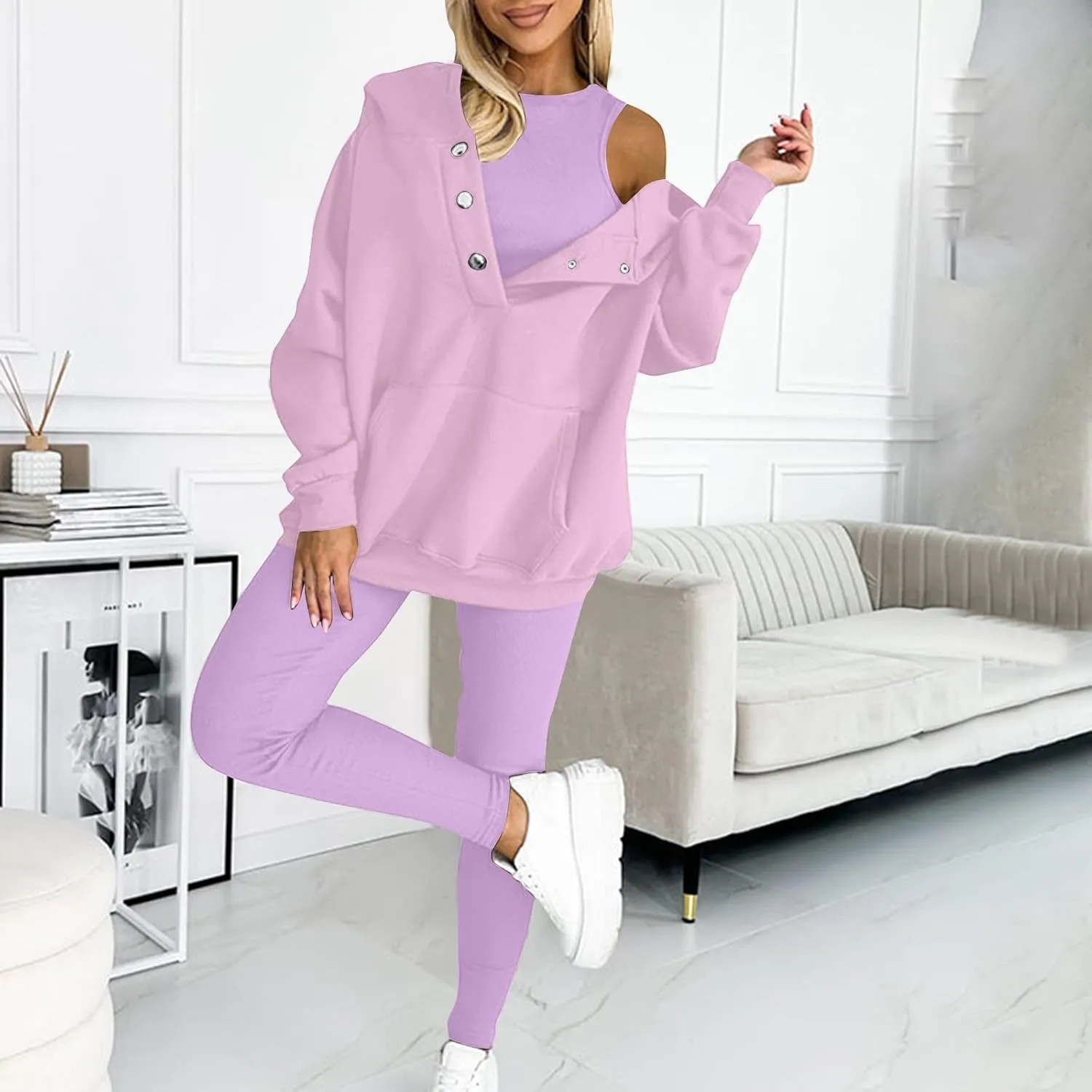 Womens 3 Piece Athletic Suit Sweat Suit Hooded Sweatshirt And Leggings Casual Comfortable Sweatsuit Active Wear Sets