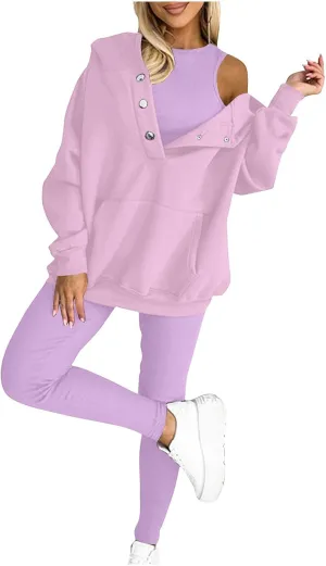 Womens 3 Piece Athletic Suit Sweat Suit Hooded Sweatshirt And Leggings Casual Comfortable Sweatsuit Active Wear Sets