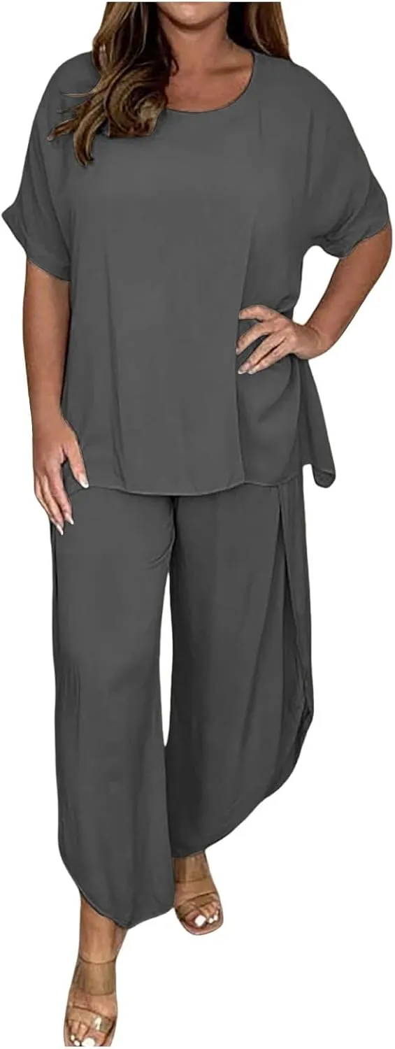 Womens Cotton Linen Lounge Sets 2025 Summer Casual Loose Top Wide Leg Pants Matching Tracksuit Sweatsuit Sets