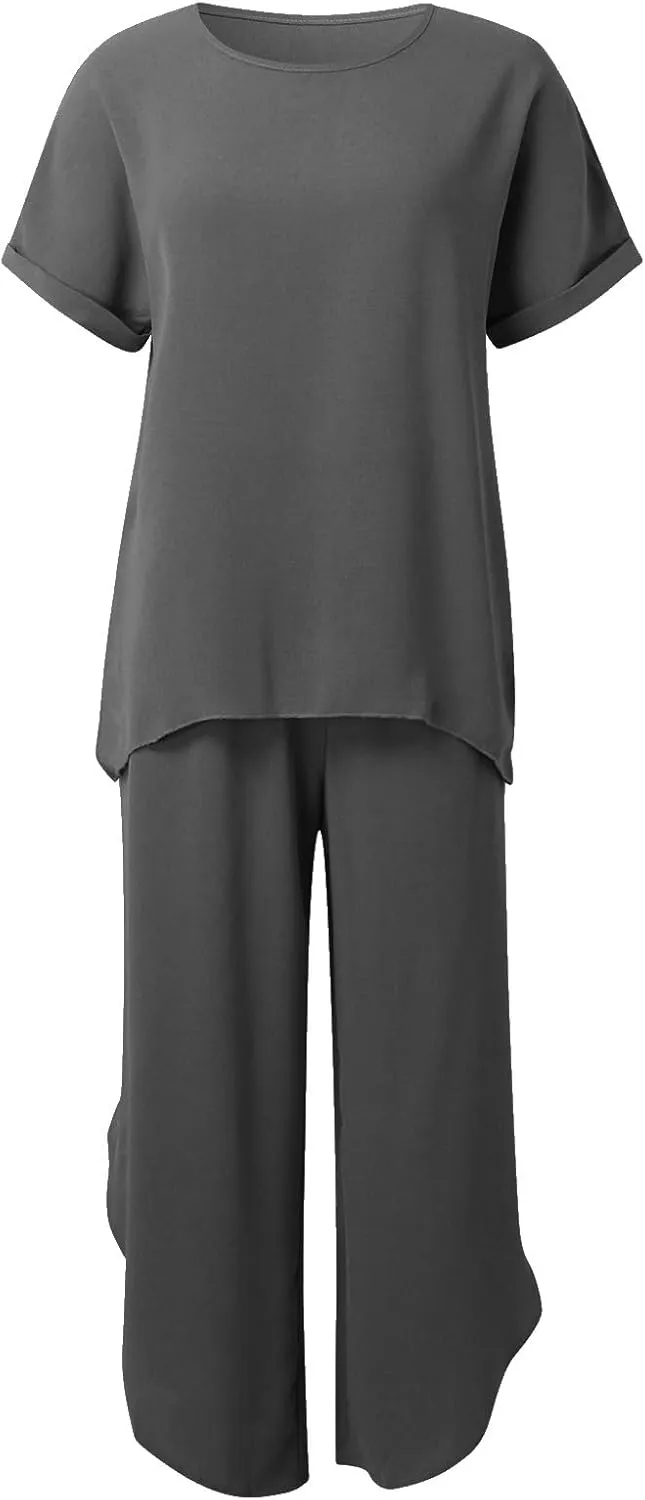 Womens Cotton Linen Lounge Sets 2025 Summer Casual Loose Top Wide Leg Pants Matching Tracksuit Sweatsuit Sets