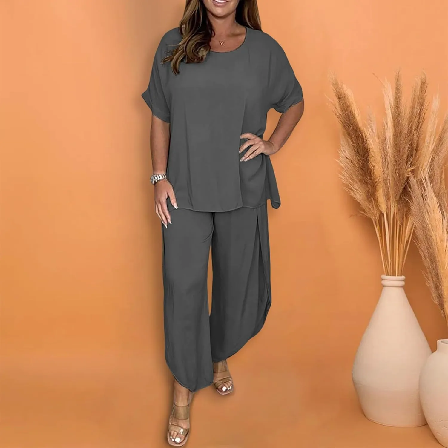 Womens Cotton Linen Lounge Sets 2025 Summer Casual Loose Top Wide Leg Pants Matching Tracksuit Sweatsuit Sets
