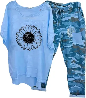 Womens Cotton Linen Lounge Sets Casual Tracksuit Short Sleeve Tops and Wide Leg Long Pants Matching Lounge Wear