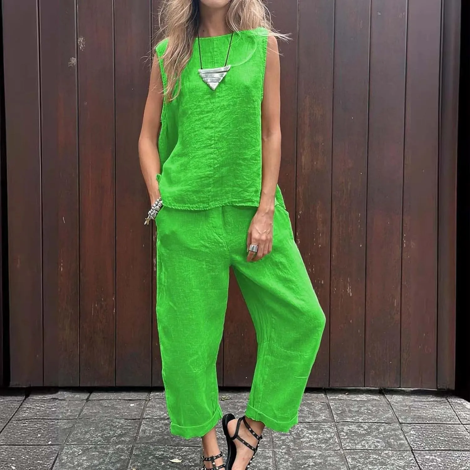 Womens Cotton Linen Lounge Sets Straight Wide Leg Pants Set Short Sleeve T-Shirt Casual Outfits Comfy Loungewear