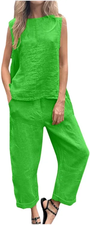 Womens Cotton Linen Lounge Sets Straight Wide Leg Pants Set Short Sleeve T-Shirt Casual Outfits Comfy Loungewear
