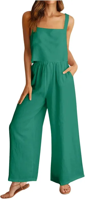 Womens Cotton Linen Lounge Sets Summer Cotton Linen Casual Matching Set Short Sleeve T Shirts and Pants with Pockets