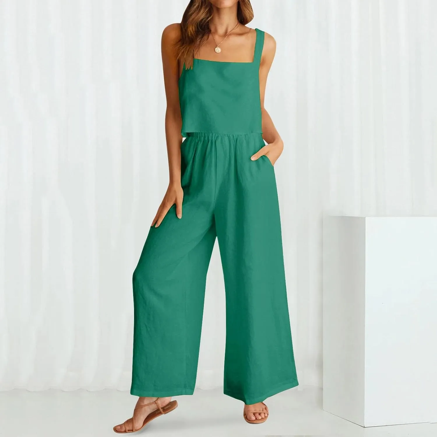 Womens Cotton Linen Lounge Sets Summer Cotton Linen Casual Matching Set Short Sleeve T Shirts and Pants with Pockets
