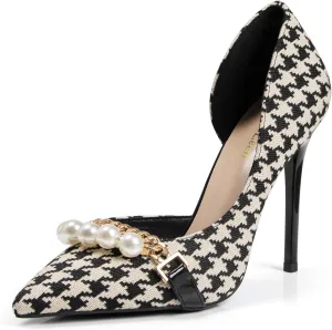 Women's Elegant Pearl Closed Toe Stiletto Heels, Bridal Dressy Pointed Toe Pumps Shoes with Cute Metal Chain & Plaid Cloth, Wedding Party Prom High Heels for Women