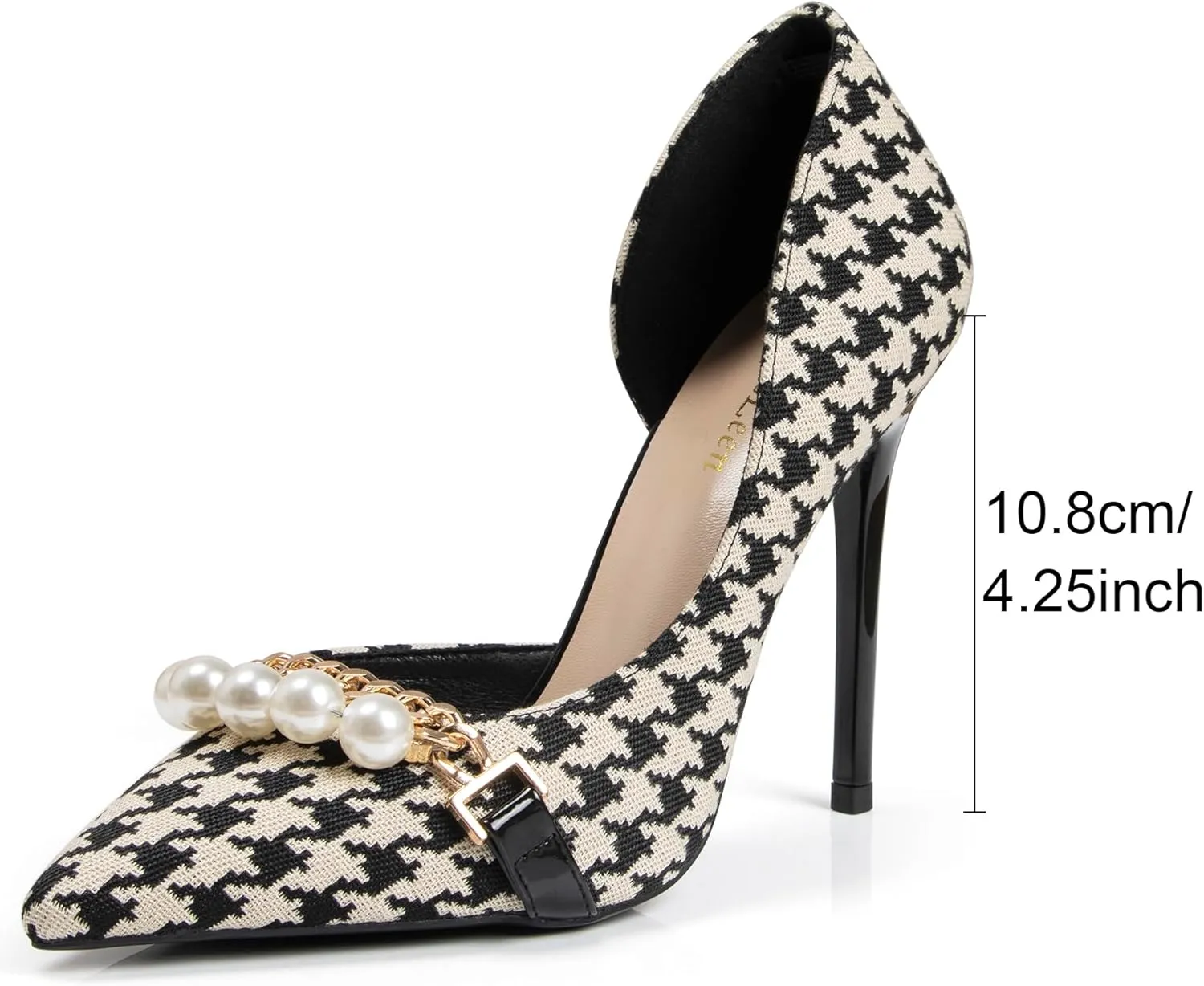 Women's Elegant Pearl Closed Toe Stiletto Heels, Bridal Dressy Pointed Toe Pumps Shoes with Cute Metal Chain & Plaid Cloth, Wedding Party Prom High Heels for Women