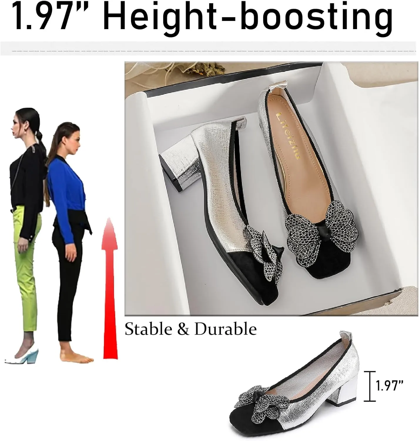 Women's Leather Glitter Rhinestone Bow Chunky Heel Pumps Fashion Comfortable Square Toe Slip on Mid Heels Dress Shoes for Party Prom Date Wedding