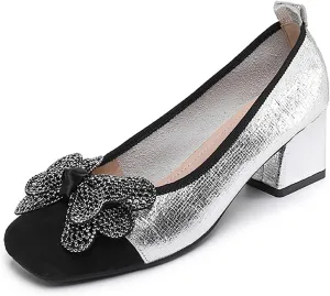 Women's Leather Glitter Rhinestone Bow Chunky Heel Pumps Fashion Comfortable Square Toe Slip on Mid Heels Dress Shoes for Party Prom Date Wedding