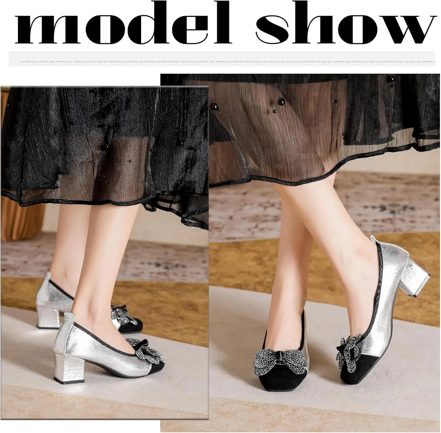 Women's Leather Glitter Rhinestone Bow Chunky Heel Pumps Fashion Comfortable Square Toe Slip on Mid Heels Dress Shoes for Party Prom Date Wedding