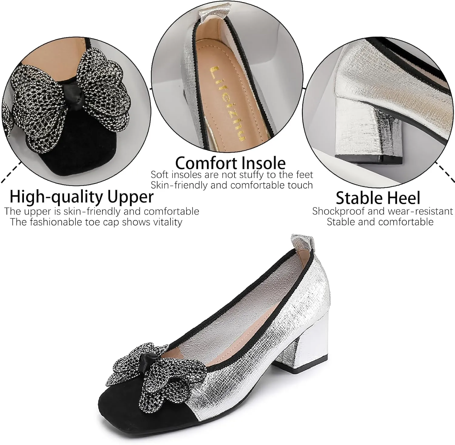 Women's Leather Glitter Rhinestone Bow Chunky Heel Pumps Fashion Comfortable Square Toe Slip on Mid Heels Dress Shoes for Party Prom Date Wedding