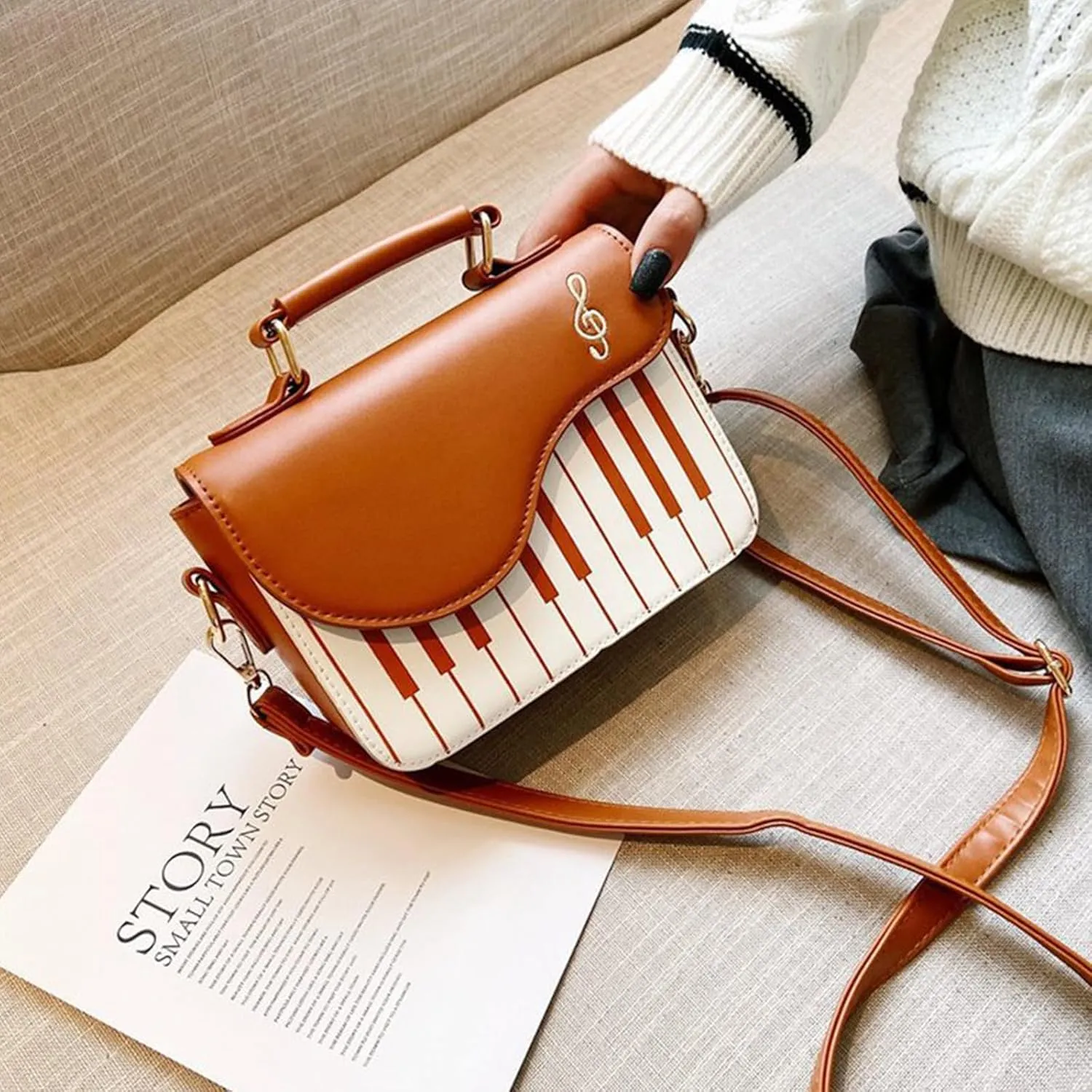 Women’s Piano Guitar Shape Crossbody Purse Music Guitar PU Leather Shoulder Tote Bag Purse