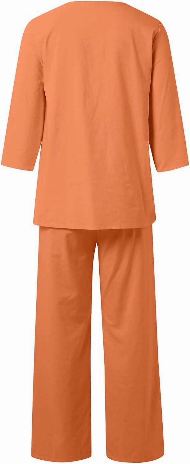Womens Cotton Linen Lounge Sets 2025 Dressy Matching Summer 2 Piece Loungewear Set Wide Leg Pants Tracksuits